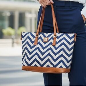 Dooney & Bourke Blue Chevron Tote with Tan Trim